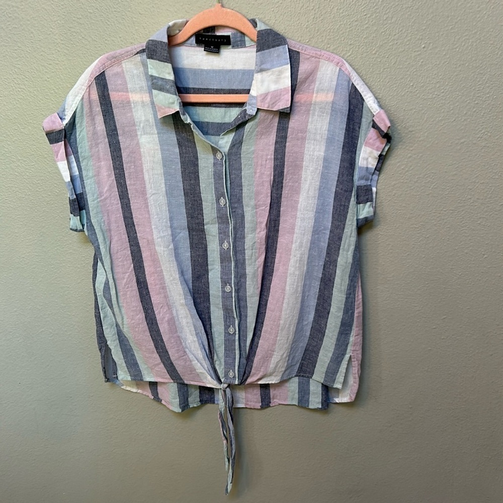 Anthropologie Sanctuary Linen Blend Striped Short Sleeve Tie Front Top, medium